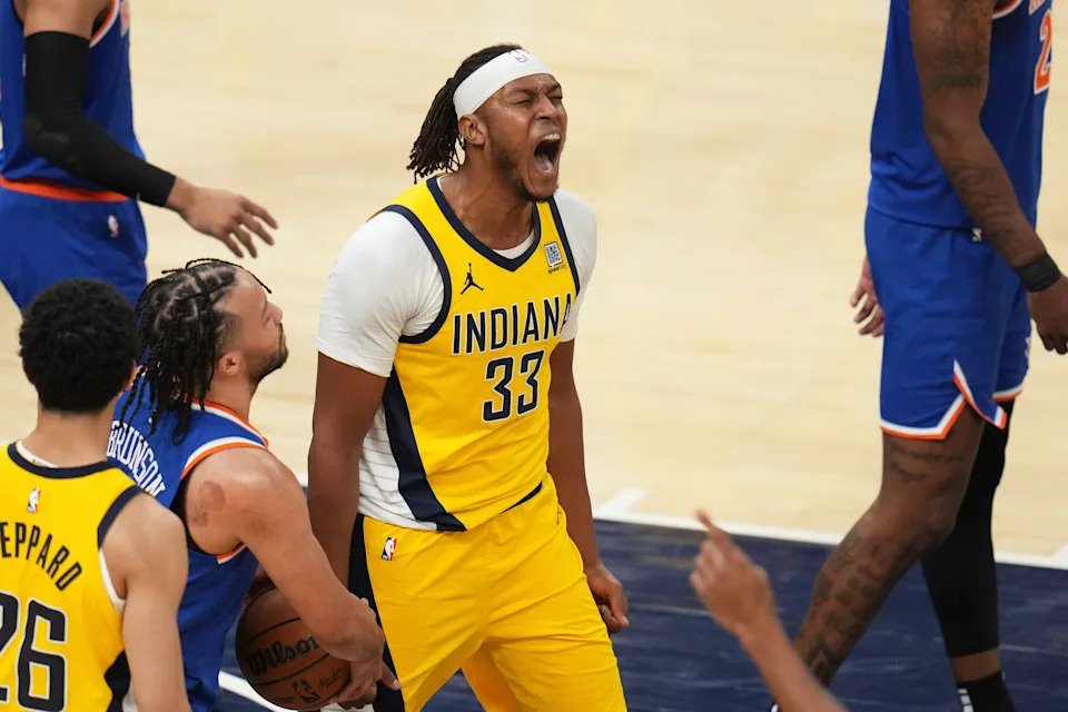 Indiana Pacers center Myles Turner (33) celebrates after a foul was called on the New York Knicks during the first half of Game 3 of the Eastern Conference finals of the NBA basketball playoffs Sunday, May 25, 2025, in Indianapolis. (AP Photo/Jeff Roberson)
