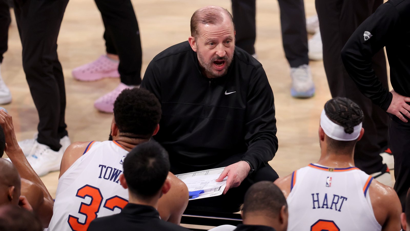 May 16, 2025; New York, New York, USA; New York Knicks head coach Tom Thibodeau talks to center Karl-Anthony Towns (32) and guard Josh Hart (3) and forward OG Anunoby (8) during a time out during the third quarter of game six in the second round of the 2025 NBA Playoffs against the Boston Celtics at Madison Square Garden. Mandatory Credit: Brad Penner-Imagn Images