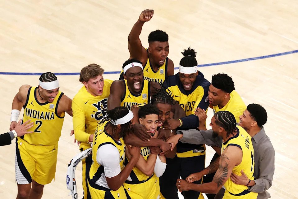 NEW YORK, NEW YORK - MAY 21: Tyrese Haliburton #0 of the Indiana Pacers is congratulated by his teammates after scoring a game-tying basket against the New York Knicks as time expires in the fourth quarter in Game One of the Eastern Conference Finals of the 2025 NBA Playoffs at Madison Square Garden on May 21, 2025 in New York City. User expressly acknowledges and agrees that, by downloading and or using this photograph, User is consenting to the terms and conditions of the Getty Images License Agreement. (Photo by Al Bello/Getty Images)