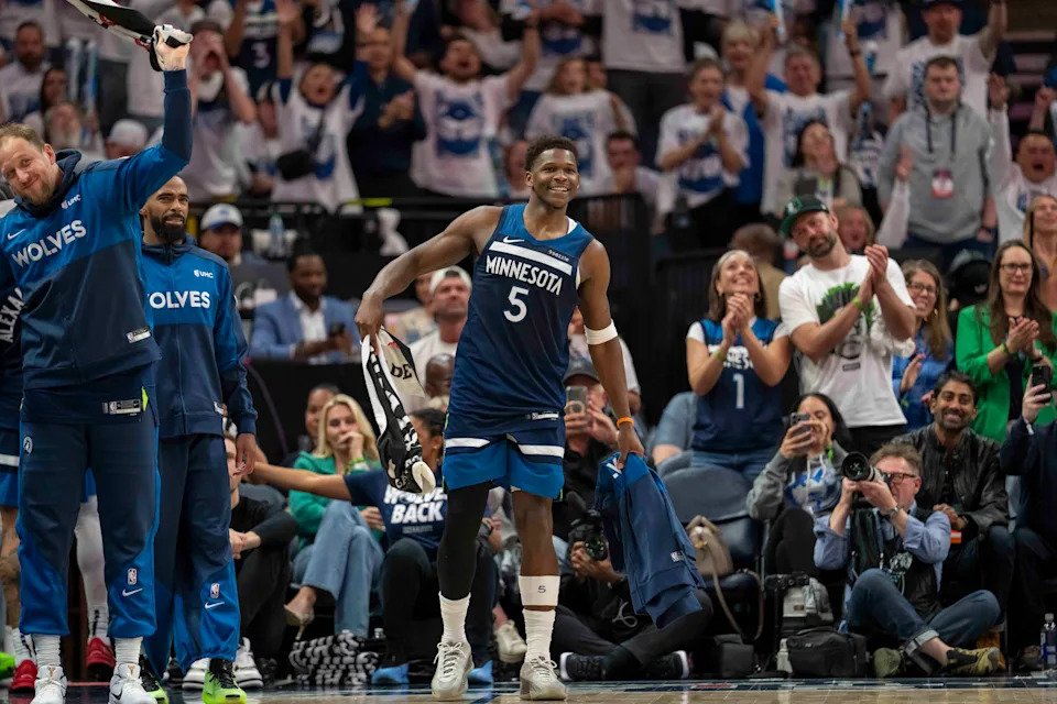 May 8, 2025; Minneapolis, Minnesota, USA; Minnesota Timberwolves guard Anthony Edwards (5) reacts after a made shot against the Golden State Warriors in the second half during game two of the second round for the 2025 NBA Playoffs at Target Center. Mandatory Credit: Jesse Johnson-Imagn Images