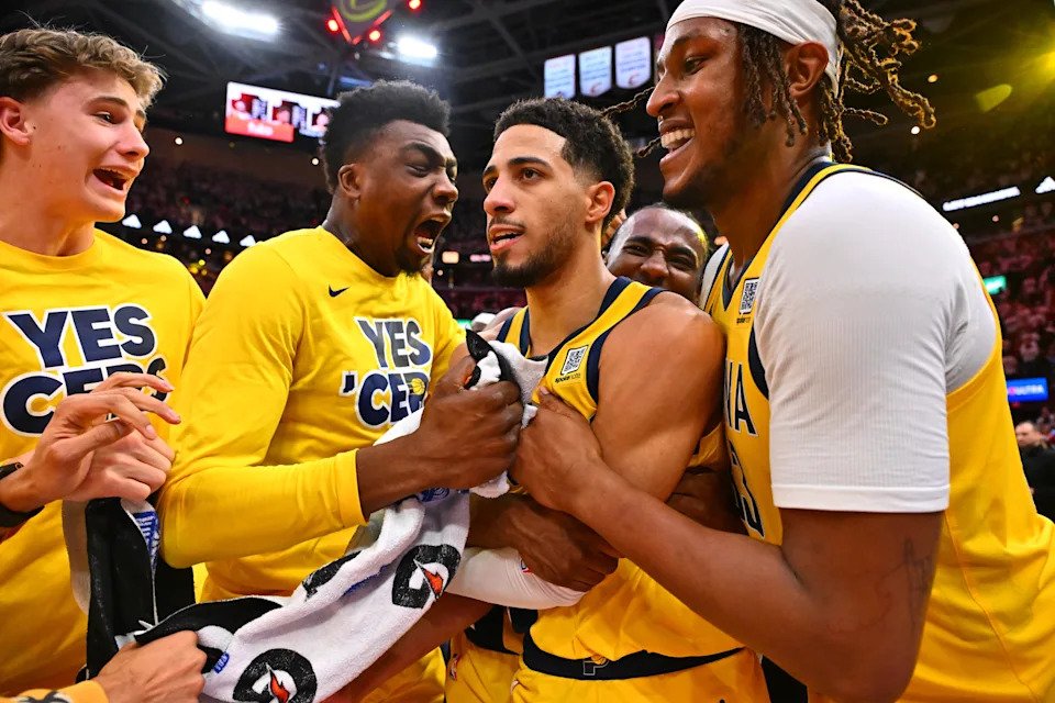 Tyrese Haliburton celebrates with teammates after his game-winner against the Cavaliers. (Jason Miller/Getty Images)