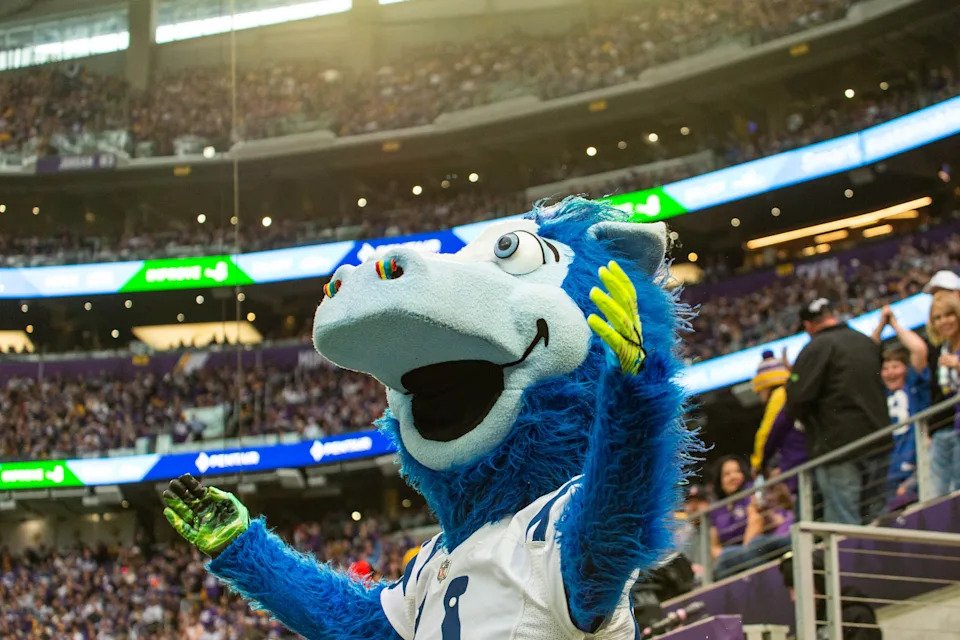 MINNEAPOLIS, MN - DECEMBER 17: Indianapolis Colts Mascot Blue exits the tunnel onto the field during the NFL game between the Indianapolis Colts and Minnesota Vikings on December 17th, 2022, at U.S. Bank Stadium in Minneapolis, MN. (Photo by Bailey Hillesheim/Icon Sportswire via Getty Images)