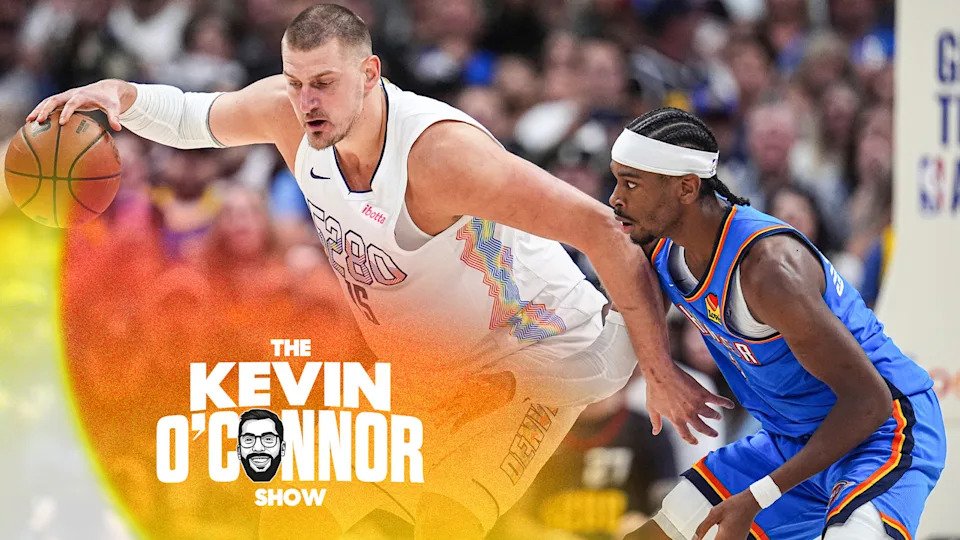 Denver Nuggets center Nikola Jokic (15) and Oklahoma City Thunder guard Shai Gilgeous-Alexander (2) in the Western Conference semifinals of the NBA basketball playoffs. (AP Photo/David Zalubowski)