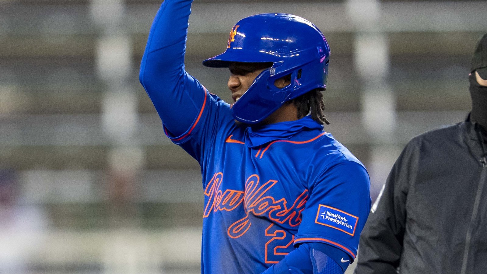 New York Mets second baseman Luisangel Acuna (2) celebrates hitting a double against the Minnesota Twins in the fifth inning at Target Field