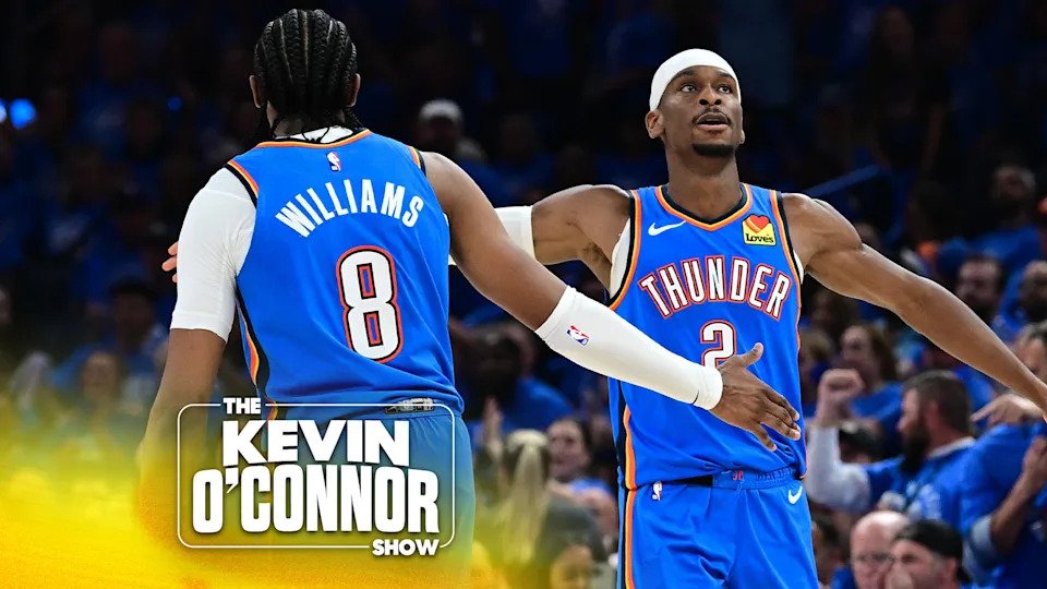 Shai Gilgeous-Alexander #2 and Jalen Williams #8 of the Oklahoma City Thunder react during the second quarter against the Dallas Mavericks in Game Two of the Western Conference Second Round Playoffs at Paycom Center on May 09, 2024 in Oklahoma City, Oklahoma. (Photo by Joshua Gateley/Getty Images)