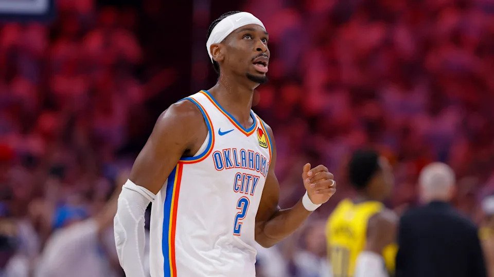 Jun 5, 2025; Oklahoma City, Oklahoma, USA; Oklahoma City Thunder guard Shai Gilgeous-Alexander (2) celebrates making a basket against the Indiana Pacers during the first quarter during game one of the 2025 NBA Finals at Paycom Center. Mandatory Credit: Alonzo Adams-Imagn Images