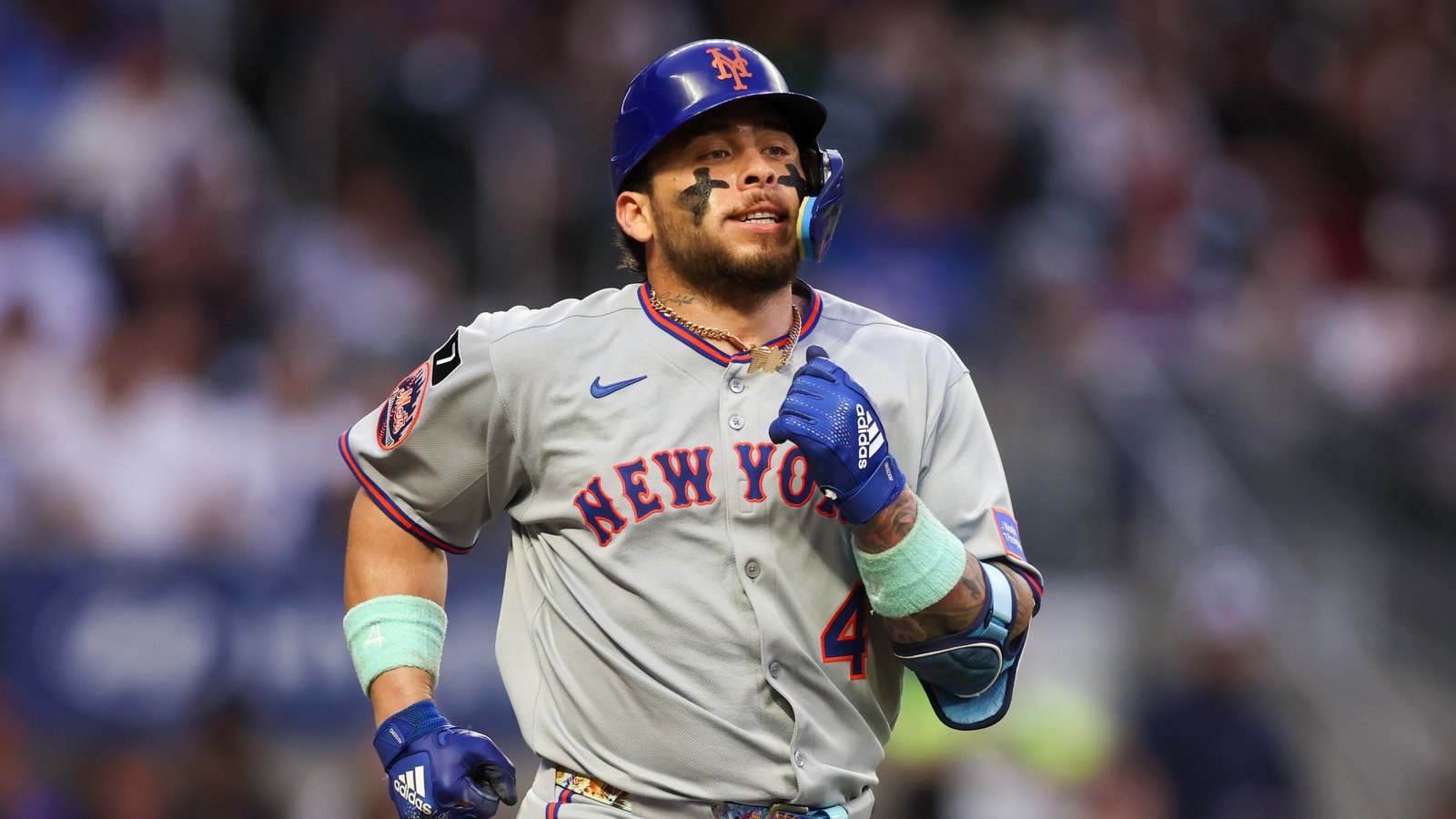 Jun 17, 2025; Atlanta, Georgia, USA; New York Mets catcher Francisco Alvarez (4) walks against the Atlanta Braves in the second inning at Truist Park.