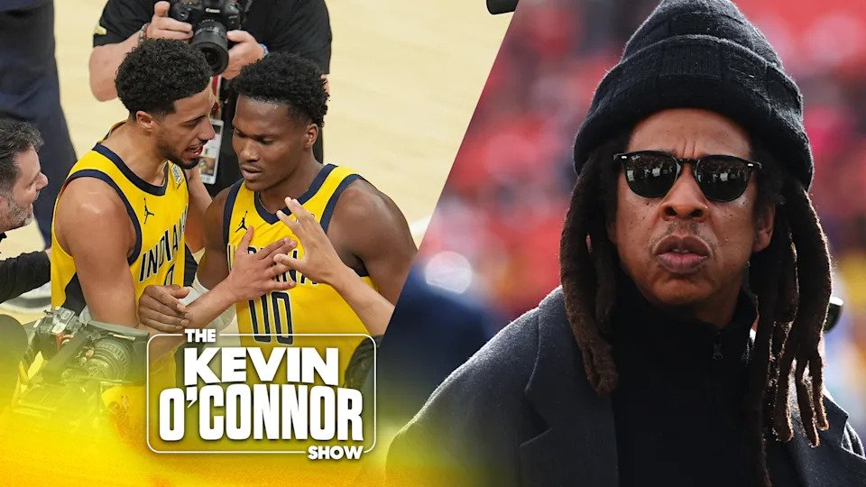 LEFT: Indiana Pacers guard Bennedict Mathurin (00) and Indiana Pacers guard Tyrese Haliburton celebrate after Game 3 of the NBA Finals.
RIGHT: Rapper Jay-Z looks on before a game between the Washington Commanders and the Dallas Cowboys. (AP Photo/Michael Conroy & Timothy Nwachukwu/Getty Images)