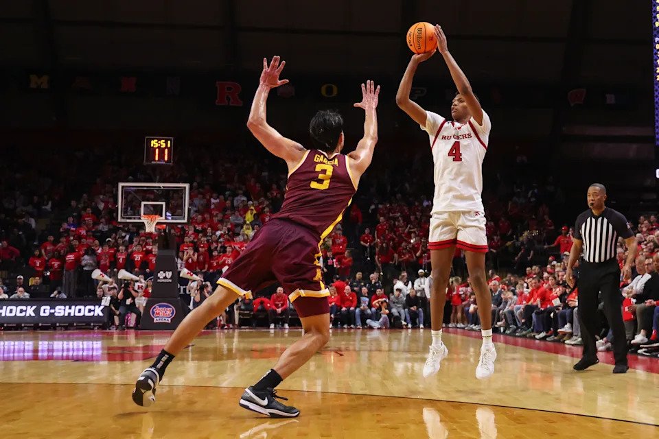 PISCATAWAY, NEW JERSEY - MARCH 9: Ace Bailey #4 of the Rutgers Scarlet Knights shoots the ball as Dawson Garcia #3 of the Minnesota Golden Gophers defends during the second half at Jersey Mike's Arena on March 9, 2025 in Piscataway, New Jersey. (Photo by Ed Mulholland/Getty Images)