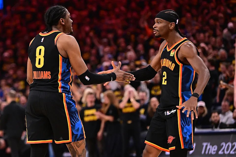 OKLAHOMA CITY, OKLAHOMA - MAY 7: Jalen Williams #8 and Shai Gilgeous-Alexander #2 of the Oklahoma City Thunder celebrate during the first half of game two of the Western Conference semifinals against the Denver Nuggets at Paycom Center on May 7, 2025 in Oklahoma City, Oklahoma. NOTE TO USER: User expressly acknowledges and agrees that, by downloading and or using this photograph, User is consenting to the terms and conditions of the Getty Images License Agreement. (Photo by Joshua Gateley/Getty Images)