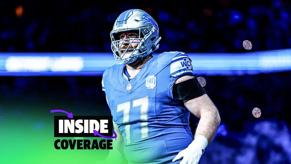 DETROIT, MICHIGAN - DECEMBER 16: Frank Ragnow #77 of the Detroit Lions runs onto the field during player introductions before an NFL football game against the Denver Broncos at Ford Field on December 16, 2023 in Detroit, Michigan. (Photo by Ryan Kang/Getty Images)
