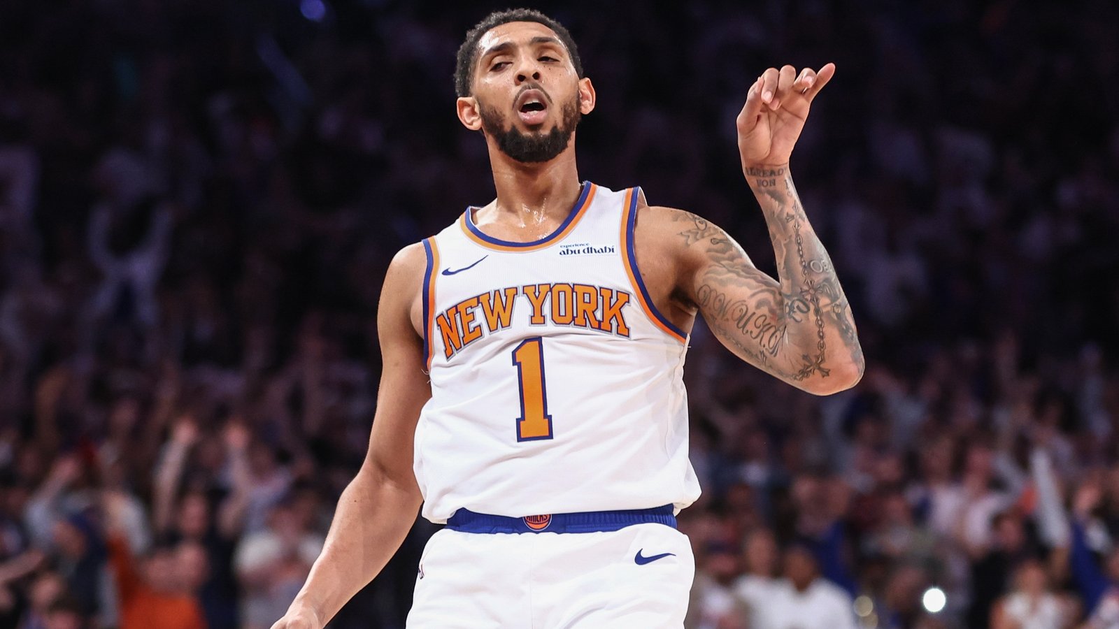 New York Knicks guard Cameron Payne (1) gestures after making a three point shot against the Detroit Pistons in Game One of the First Round of the NBA Playoffs at Madison Square Garden