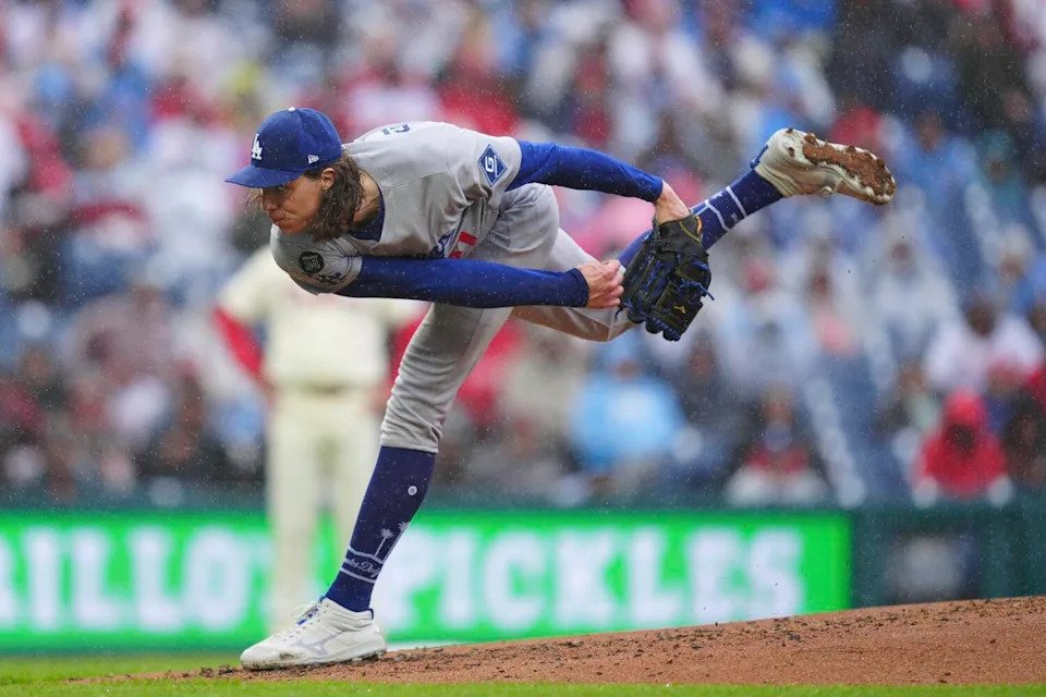 Dodgers pitcher Tyler Glasnow delivers against the Phillies on April 6, 2025 in Philadelphia.