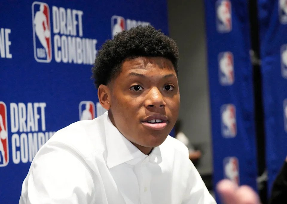 May 14, 2025; Chicago, Il, USA; Ace Bailey talks to the media during the 2025 NBA Draft Combine at Marriott Marquis Chicago. Mandatory Credit: David Banks-Imagn Images
