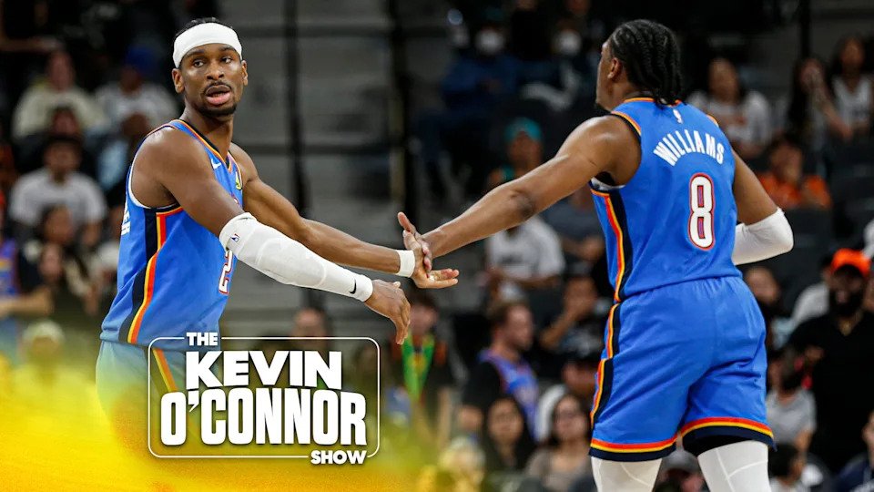 Oklahoma City Thunder MARCH 2: Shai Gilgeous-Alexander #2 of the Oklahoma City Thunder congratulates Jalen Williams #8 of the Oklahoma City Thunder in the second half of their game... (Photo by Ronald Cortes/Getty Images)