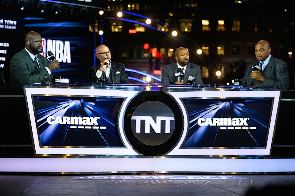 Boston, MA - October 22: Shaquille O'Neal, Ernie Johnson Jr., Kenny Smith, and Charles Barkley during a live presentation of