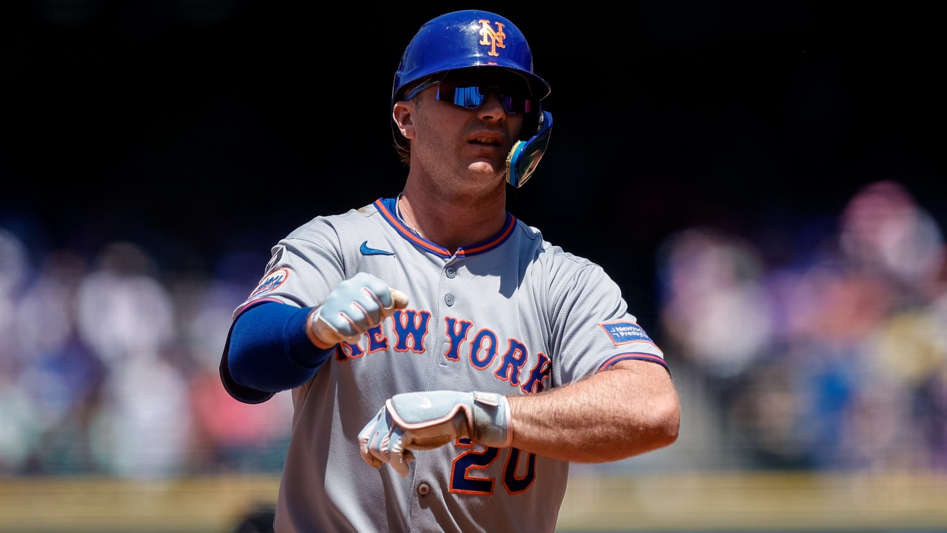Jun 8, 2025; Denver, Colorado, USA; New York Mets first baseman Pete Alonso (20) rounds the bases on a two run home run in the third inning against the Colorado Rockies at Coors Field.