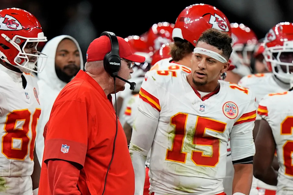 Chiefs quarterback Patrick Mahomes and coach Andy Reid are in the rare position of playing from behind in the AFC West. (AP Photo/Fernando Llano)