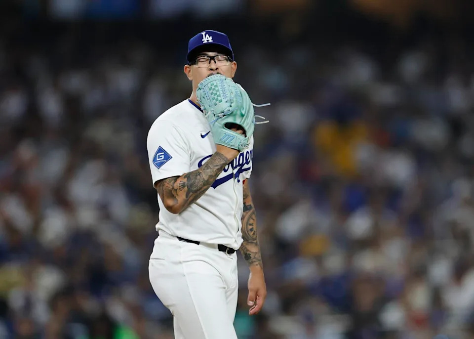 Dodgers pitcher Anthony Banda reacts during the first inning of a loss to the Philadelphia Phillies at Dodger Stadium.