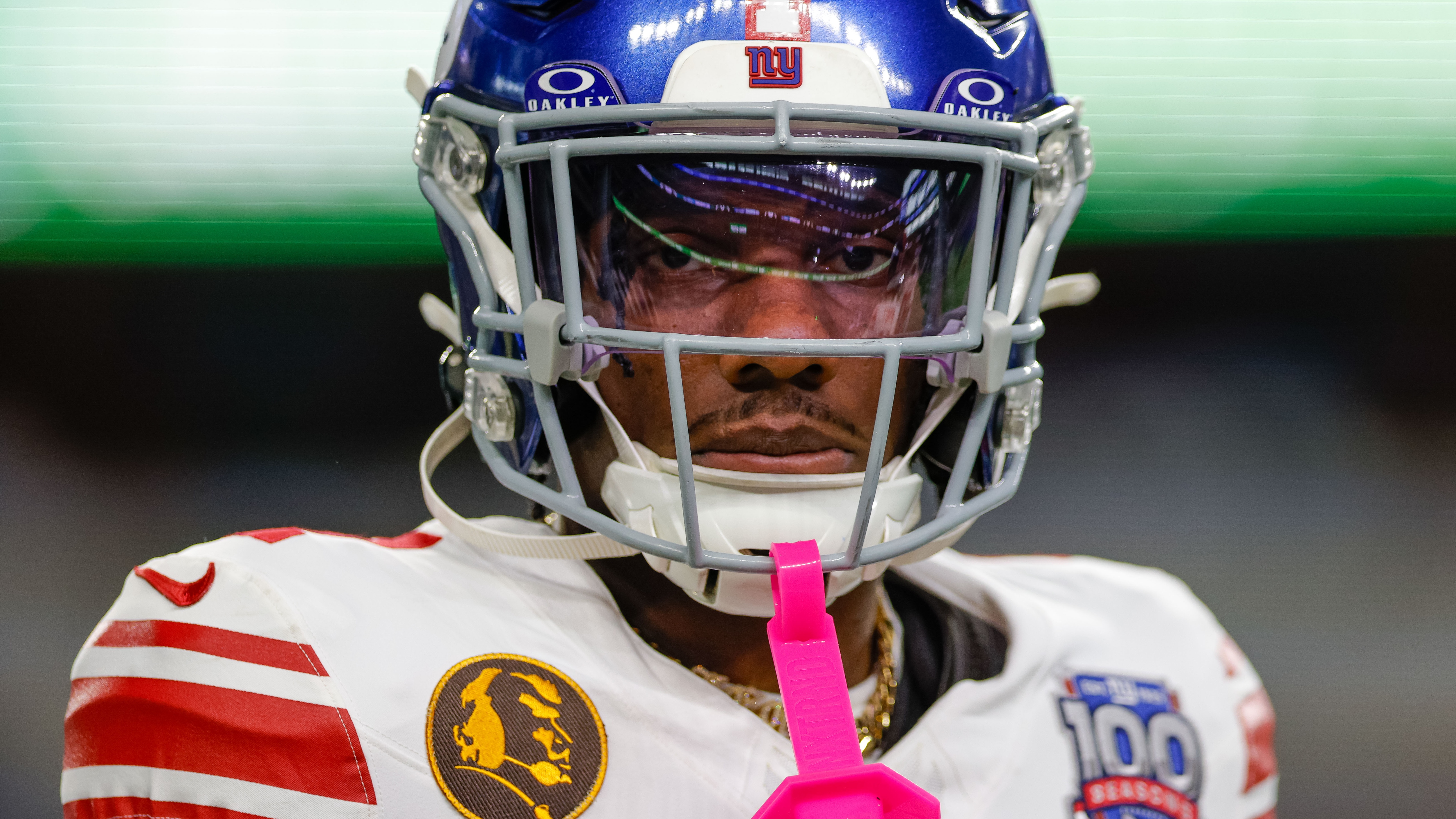 New York Giants wide receiver Malik Nabers (1) warms up prior to the game against the Dallas Cowboys at AT&T Stadium