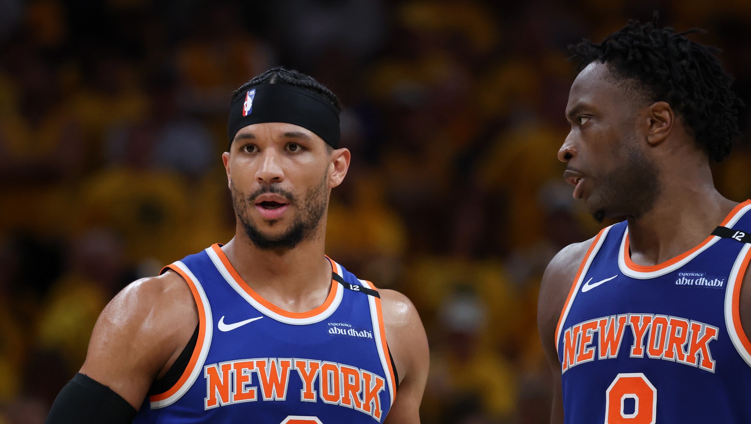 New York Knicks guard Josh Hart (3) and forward OG Anunoby (8) speak in the third quarter during game six of the eastern conference finals against the Indiana Pacers for the 2025 NBA Playoffs at Gainbridge Fieldhouse.