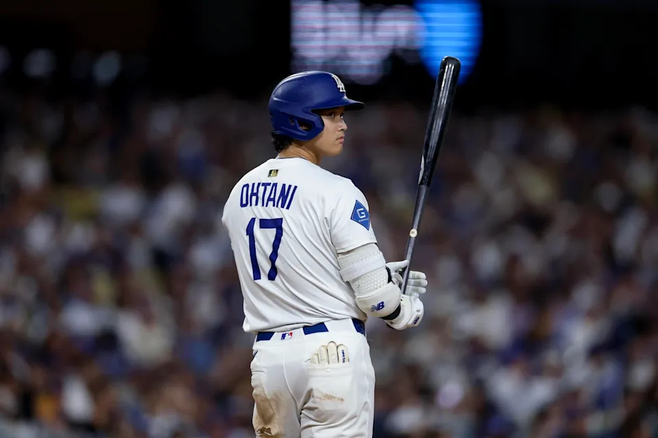 Dodgers designated hitter Shohei Ohtani prepares to bat during the sixth inning of a game against the Rockies.
