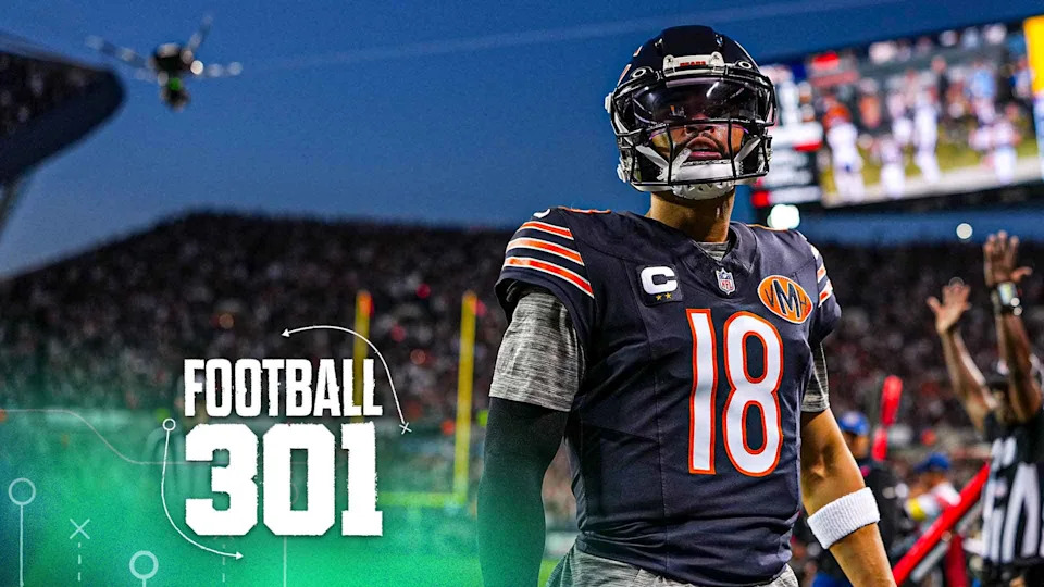 CHICAGO, ILLINOIS - SEPTEMBER 8: Caleb Williams #18 of the Chicago Bears reacts after scoring a touchdown during the first half of an NFL football game against the Minnesota Vikings at Solider Field on September 8, 2025 in Chicago, Illinois. (Photo by Todd Rosenberg/Getty Images)