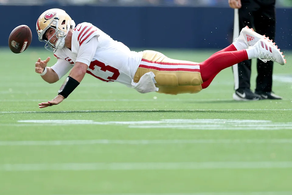 Brock Purdy of the San Francisco 49ers could miss multiple games with a toe injury. (Photo by Steph Chambers/Getty Images)