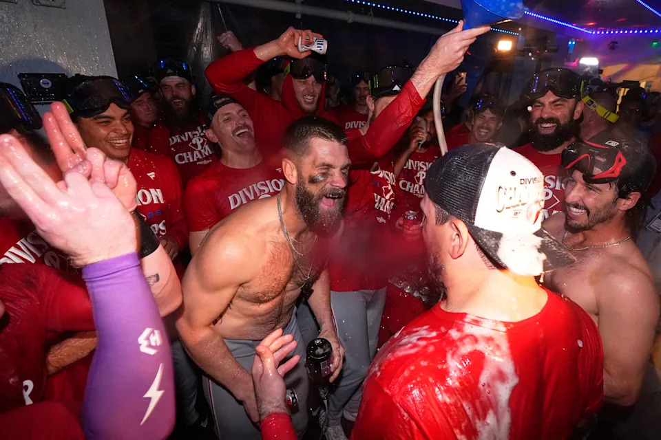 The Phillies partied at Dodgers Stadium to celebrate their NL East crown.