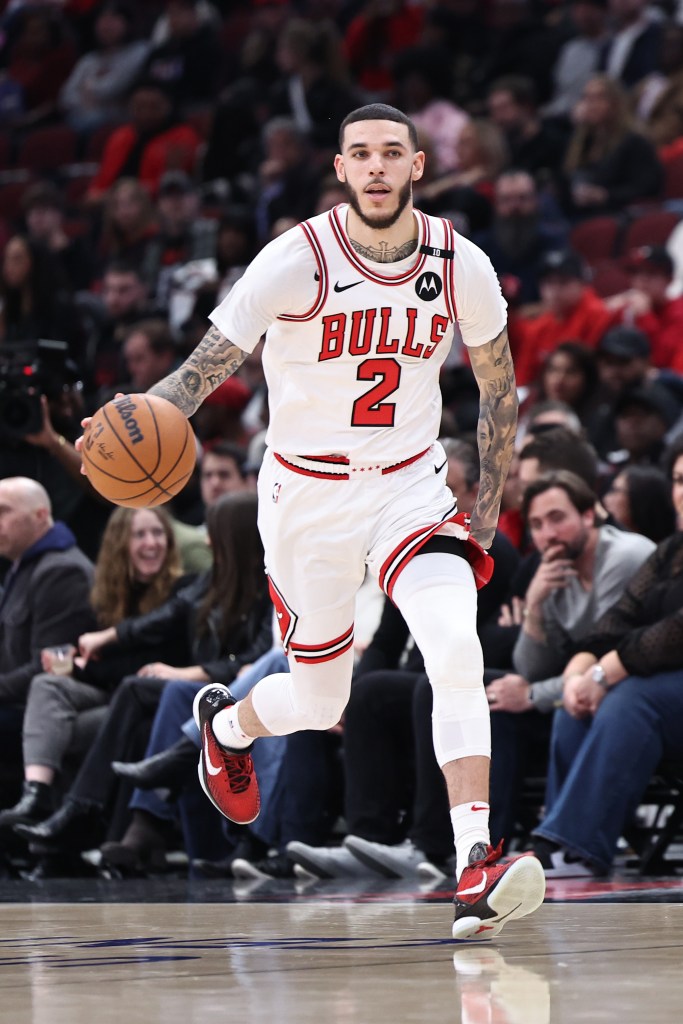 Lonzo Ball of the Chicago Bulls dribbles the ball during a game