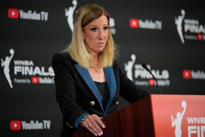 WNBA commissioner Cathy Engelbert speaks prior to Game 1 of a WNBA basketball final playoff series